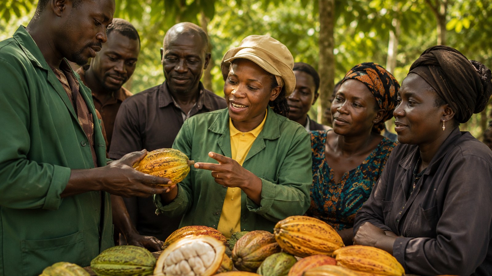 Farmers handling cocoa pods together